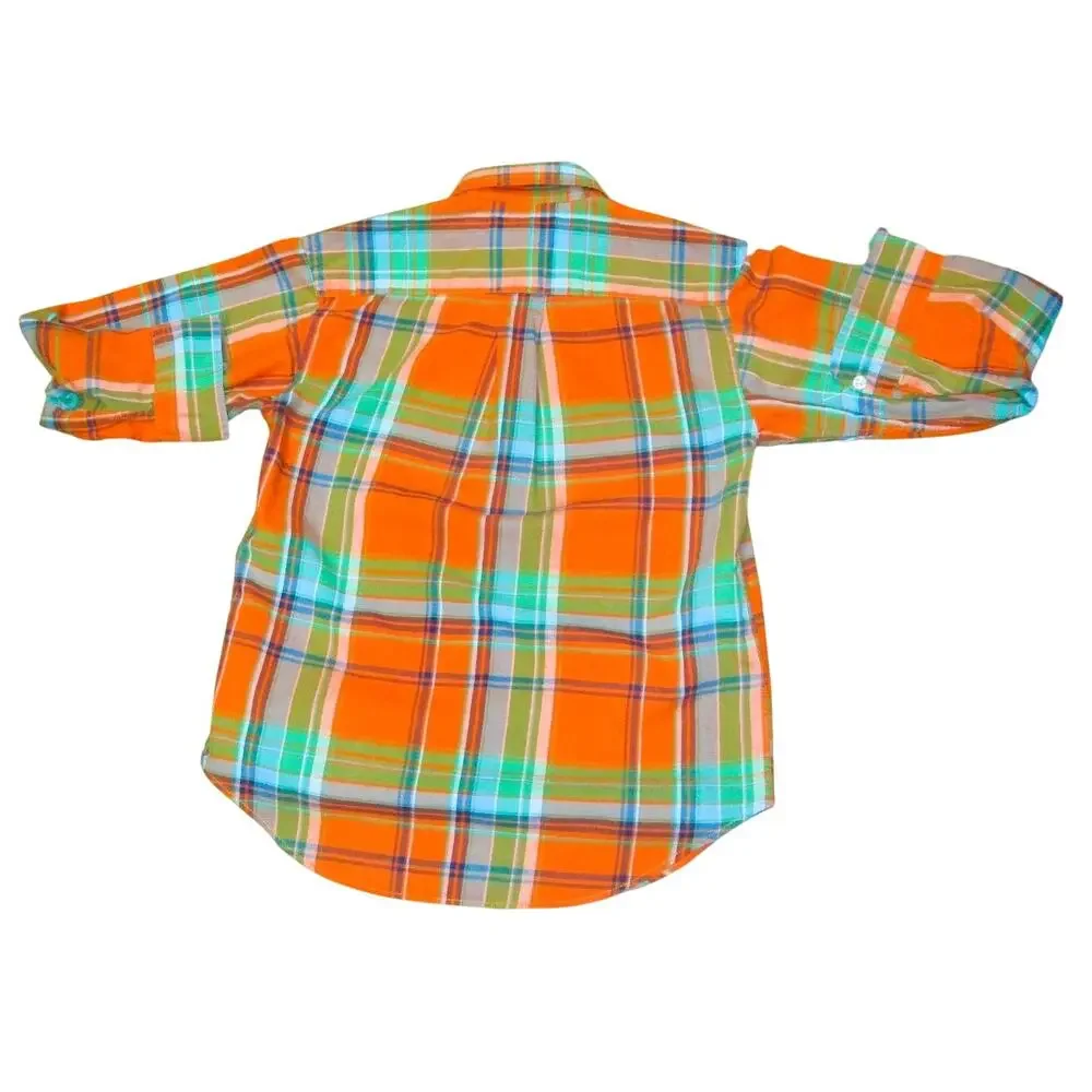 Ralph Lauren Boys Bright Plaid Button Down Shirt Orange Green Blue Size Small 8